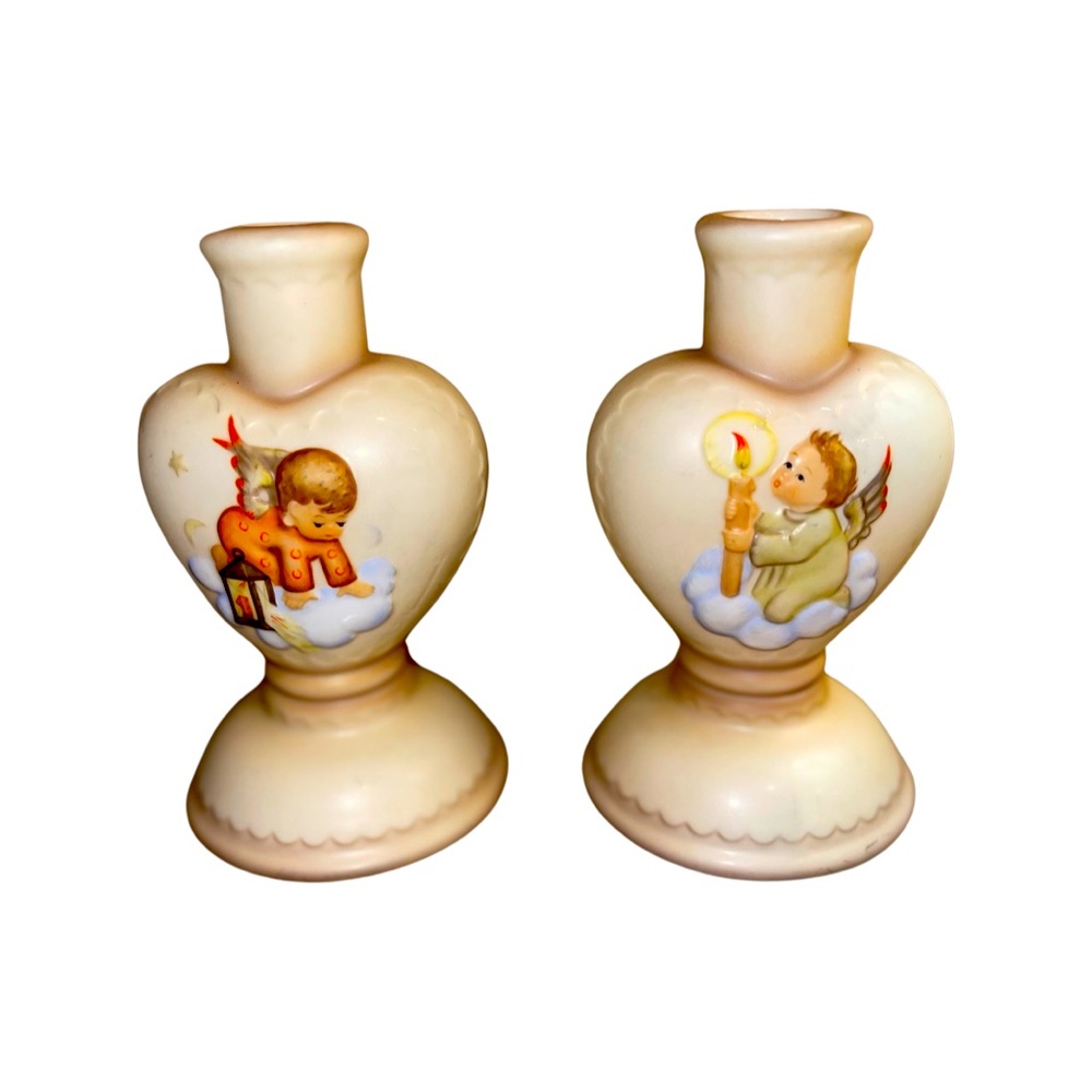 Vintage 1996 Gobel Guiding Angels: Heart Shape Ceramic Candlesticks: Set of 2